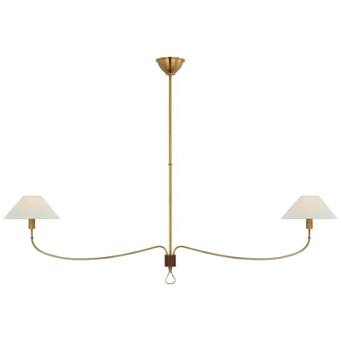 Amber Lewis Griffin Grande Linear Chandelier in Hand-Rubbed Antique Brass and Saddle Leather with Linen Shades Ceiling Light W10.5″ x 62″AL 5010HAB/SDL-L
