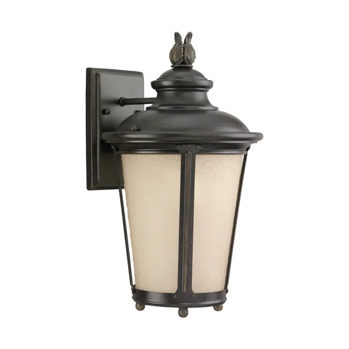Cape May Medium One Light Outdoor Wall Lantern Traditional Fixture 9″ Width 15.5″ Height Aluminum Round Etched Hammered with Amber Shade in Burled Iron88241-780