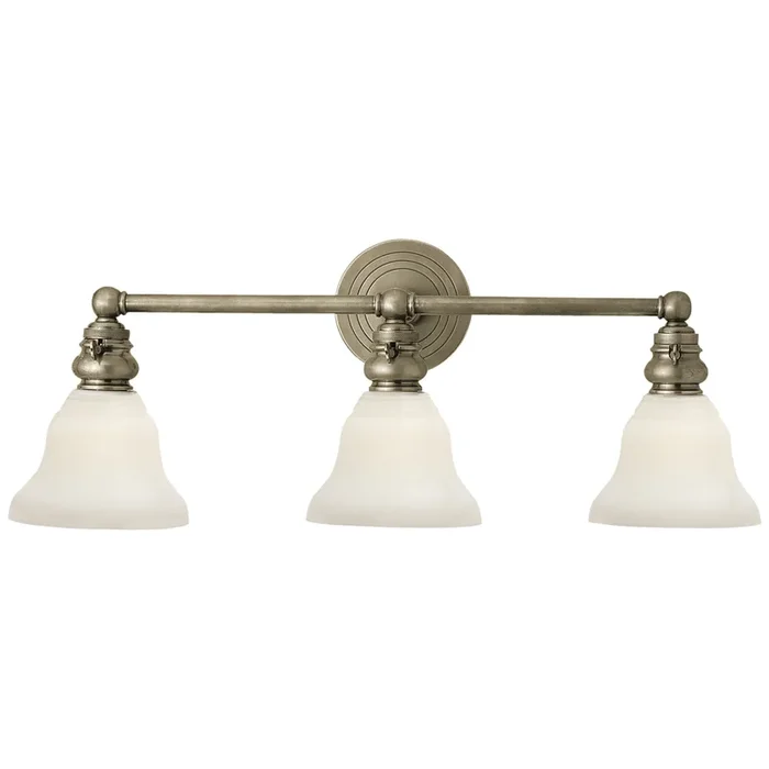 Chapman & Myers Boston Functional Triple Light in Antique Nickel with White Glass Wall Light W23″ x H9″SL 2933AN/SLEG-WG
