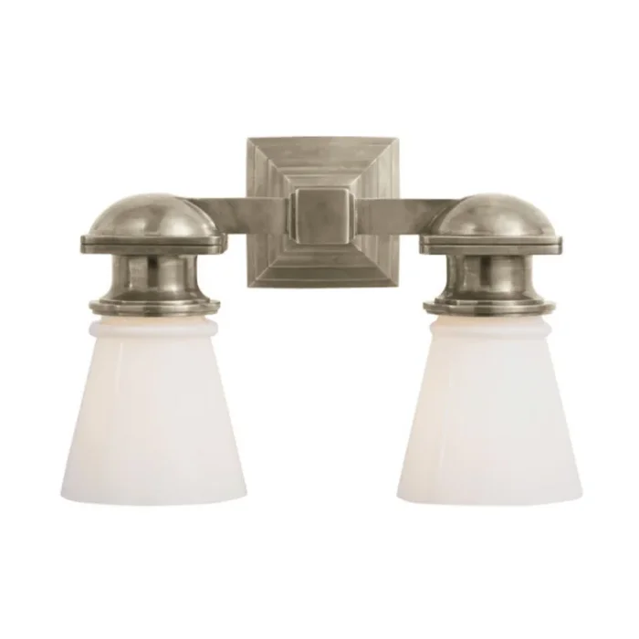 Chapman & Myers New York Subway Double Light in Antique Nickel with White Glass Wall Light W14″ x H9.75″SL 2152AN-WG