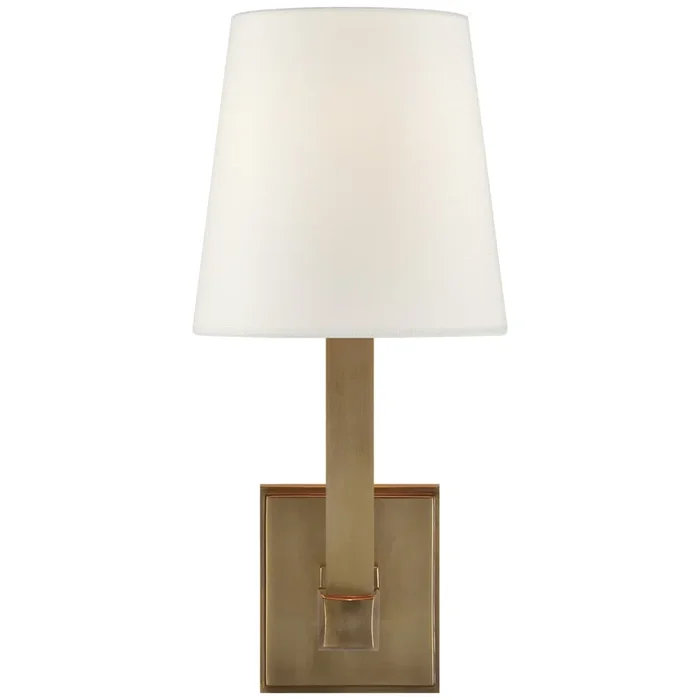 Chapman & Myers Square Tube Single Sconce in Hand-Rubbed Antique Brass with Linen Shade Wall Light W6.25″ x H14.25″SL 2819HAB-L