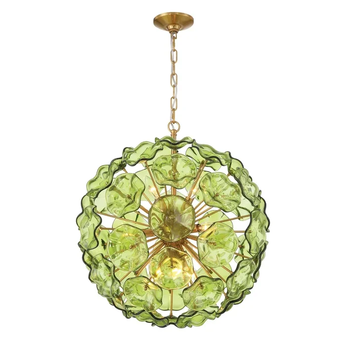 Esme 9 Light Aged Brass Pendant Floral Glass Petals Green 22.5″W x 25.25″H x 22.5″DESM-4006-AG-GR