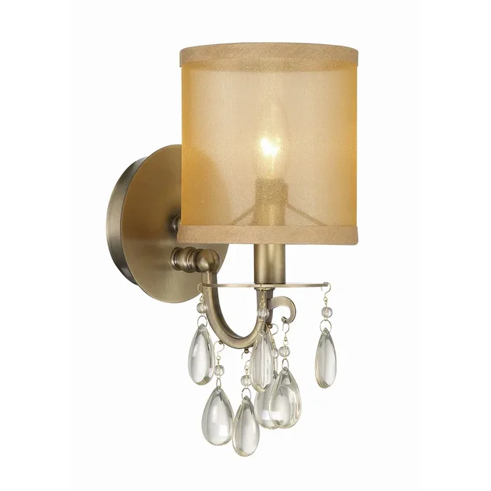 Hampton 1 Light Antique Brass Sconce Etruscan Teardrop Almond Silk Shade 5.5″W x 13″H x 7.5″D5621-AB