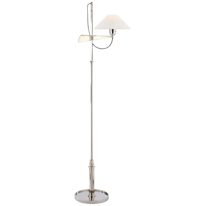 J. Randall Powers Hargett Bridge Arm Floor Lamp in Polished Nickel with Linen Shade H50″ – 56.5″SP 1505PN-L