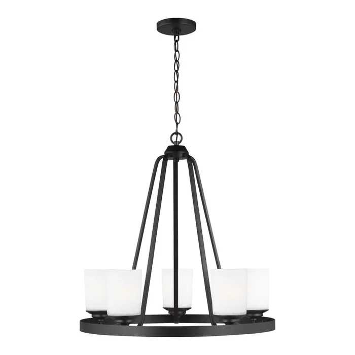 Kemal Five Light Chandelier LED Transitional 24″ Height Steel Round Etched / White Inside Shade in Midnight Black3130705EN3-112