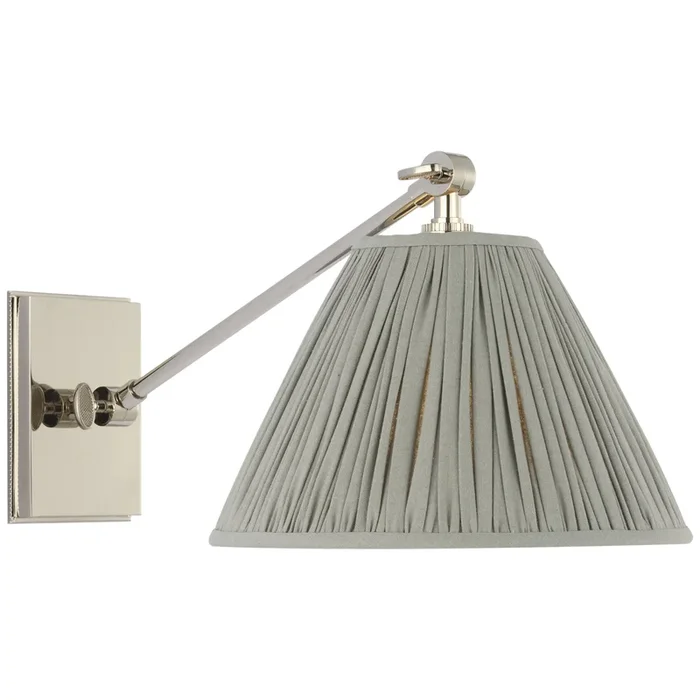 Marie Flanigan Wimberley Single Library Wall Light in Polished Nickel with Blue Linen Pleated Shade W9″ x H8.25″ – 9.5″MF 2200PN-BLP