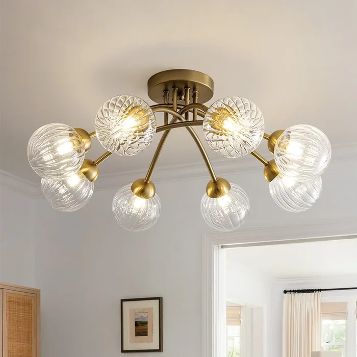 Mid-century 8-Light Vertically Ribbed Glass Globe Sputnik Semi-Flush MountS81010000067768