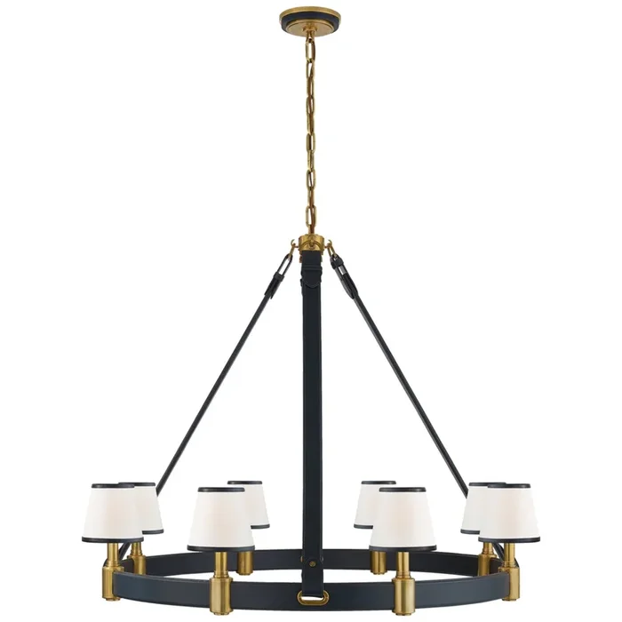 Ralph Lauren Riley Large Ring Chandelier in Natural Brass and Navy Leather with Leather Trimmed Linen Shades Ceiling Light W47.75″ x H40″RL 5612NB/NVY-L