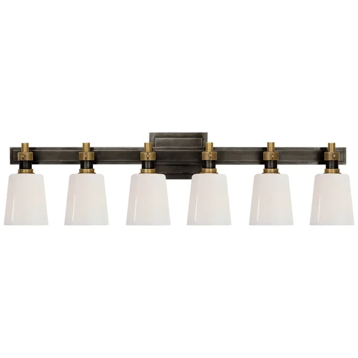 Thomas O’Brien Bryant Six-Light Linear Bath Sconce in Bronze and Hand-Rubbed Antique Brass with White Glass Wall Light W29″ x H8″TOB 2154BZ/HAB-WG