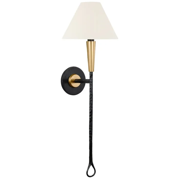 Thomas O’Brien Cavalli 27″ Tail Sconce in Aged Iron and Hand-Rubbed Antique Brass with Linen Shade Wall Light W8.5″ x H27″TOB 2296AI/HAB-L