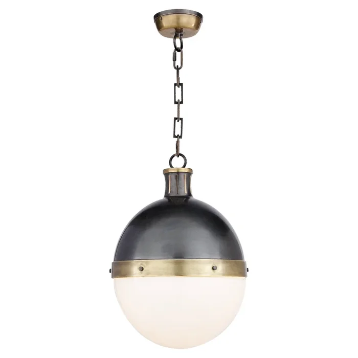 Thomas O’Brien Hicks Large Pendant in Bronze and Hand-Rubbed Antique Brass with White Glass Ceiling Light W13.25″ x H18″TOB 5063BZ/HAB-WG