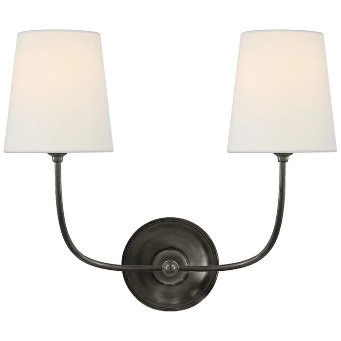 Thomas O’Brien Vendome Double Sconce in Bronze with Linen Shades Wall Light W17.75″ x H14″TOB 2008BZ-L
