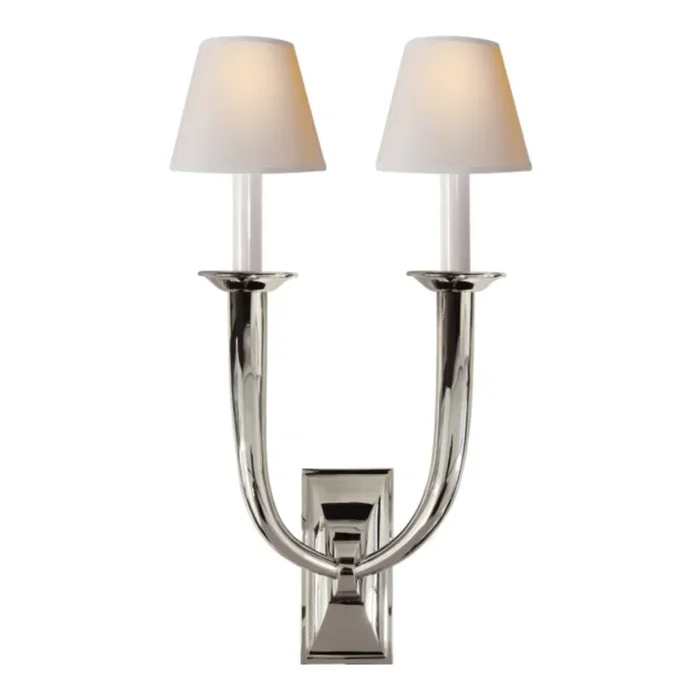 Visual Comfort French Deco Horn Double Sconce in Polished Nickel with Natural Paper Shades Wall Light W12.25″ x H22″S 2021PN-NP